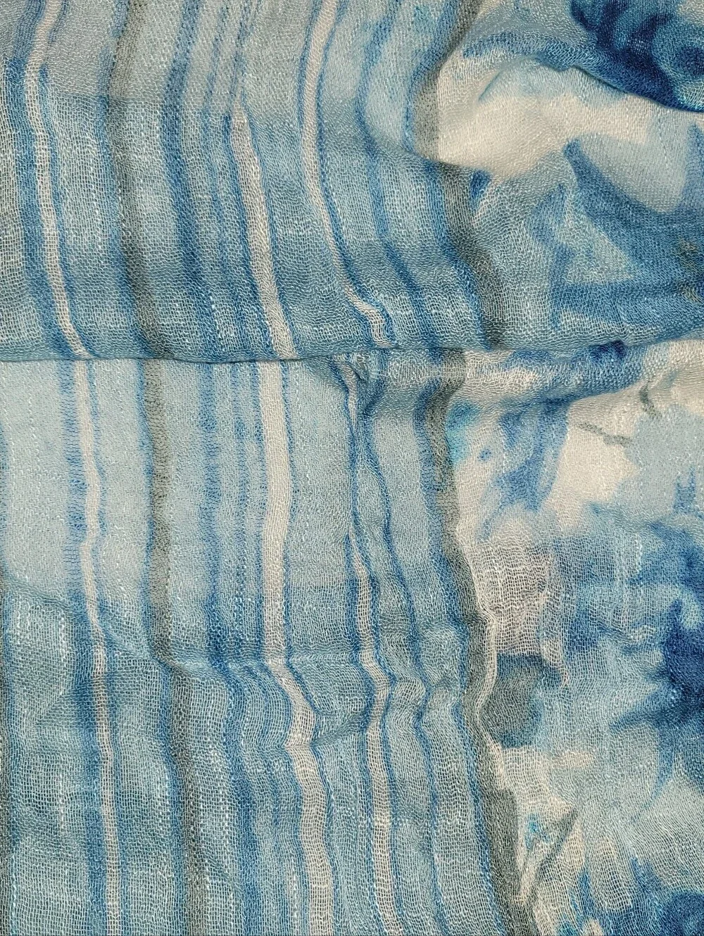 Blue Floral & Striped Lightweight Scarf Wrap Fringe Hem 22